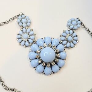 Chic Light Blue Floral Necklace Silver Tone Rhinestone Bib Necklace